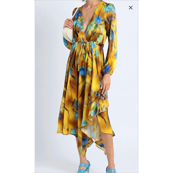 TOPSHOP Blurred Floral Waterfall Hem Wrap Midi Occasion Dress in Green and Blue - Picture 10 of 14